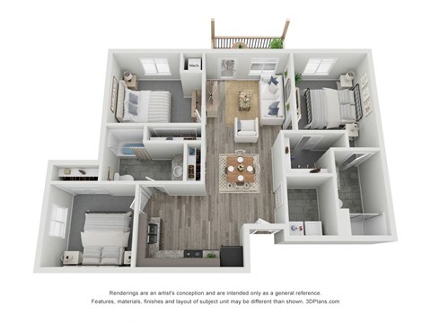Floor plan for 3 beds, 2 baths, 1030 sqft